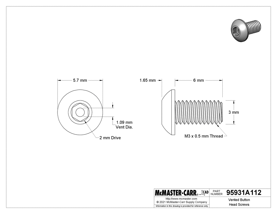Technical Drawing of Vented Button Head Screws, M3 x 0.50mm Thread, 6mm Long.